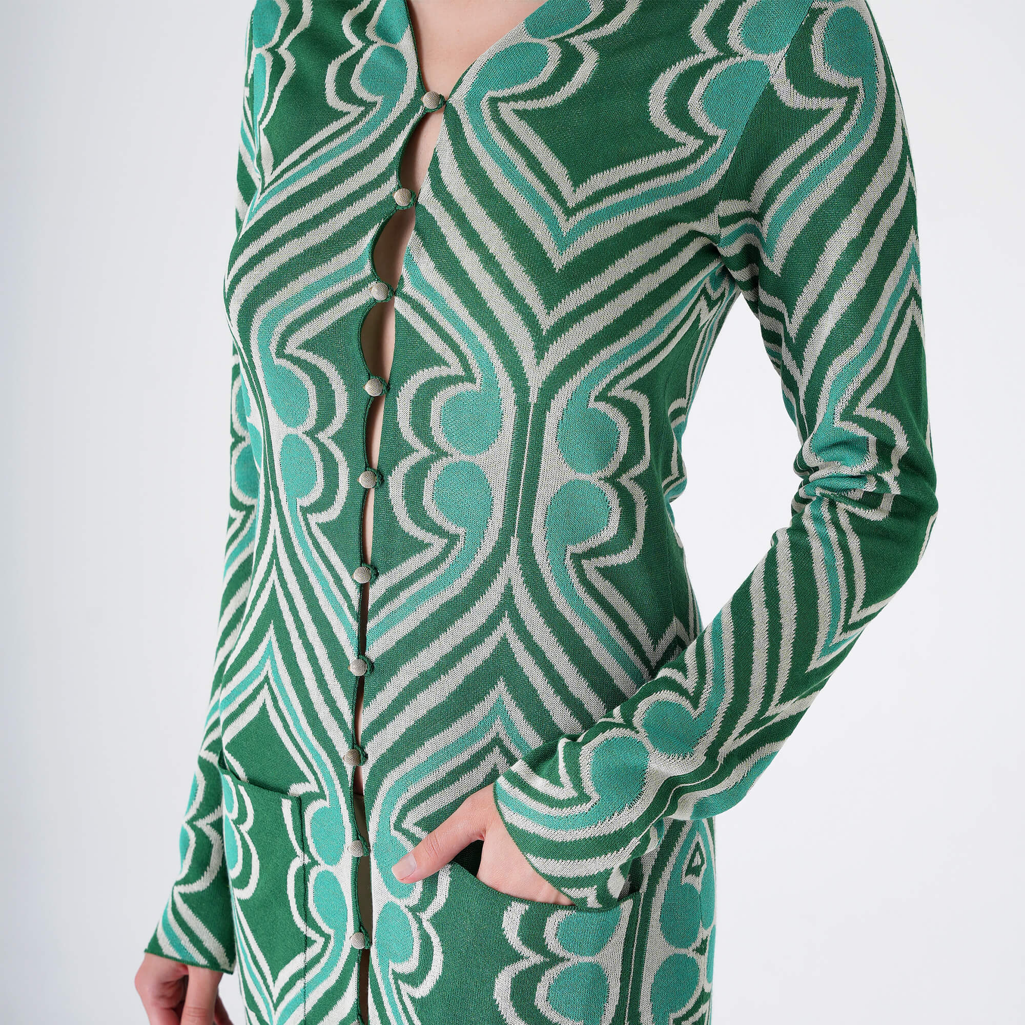 Etro - Green&White Viscose Knitted Kaftan Dress